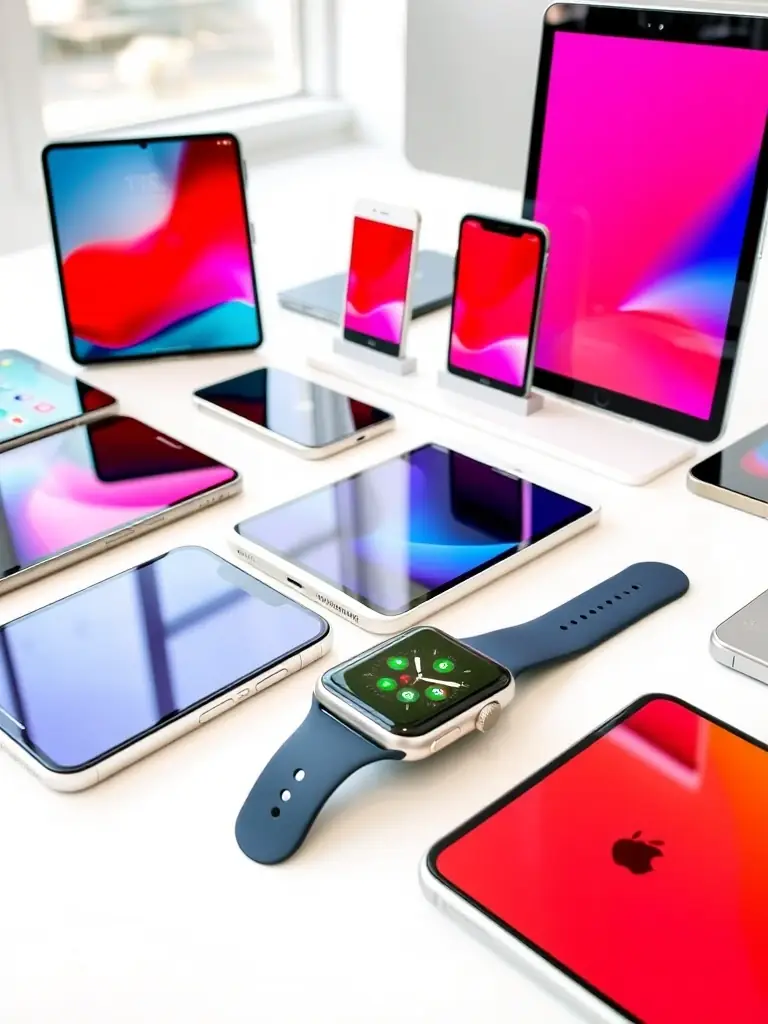 A group of refurbished Apple products (iPhone, iPad, Apple Watch) arranged together, emphasizing the range and variety of products available from InformaticsPhone.com.