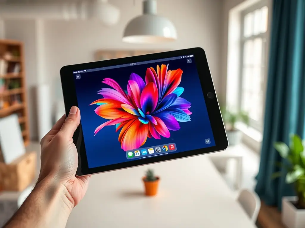 An image showcasing a refurbished iPad with a vibrant display, emphasizing quality and modern design. The iPad is shown with a user-friendly interface, highlighting its versatility.