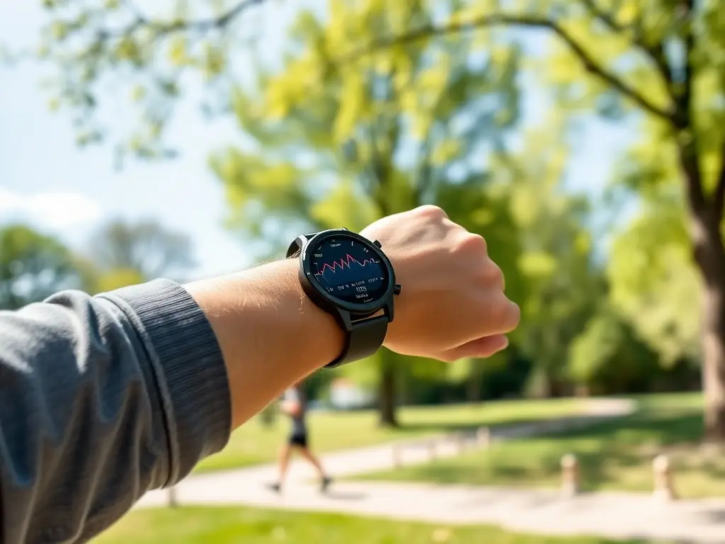 A stylish shot of a person wearing a refurbished Apple Watch while exercising, emphasizing its health tracking features and modern design.