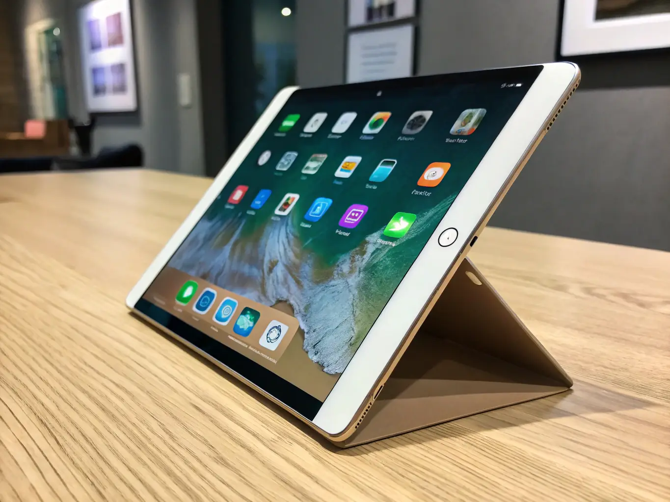 A professional image of a refurbished iPad on a desk, displaying a vibrant and clear screen, highlighting its functionality and sleek design.