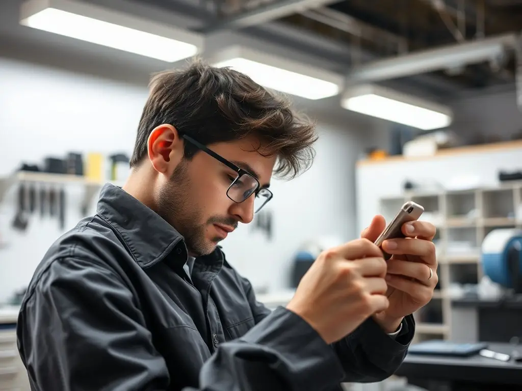 A close-up shot of a refurbished iPhone being inspected by a technician in a clean, well-lit environment, showcasing the attention to detail in the refurbishment process.