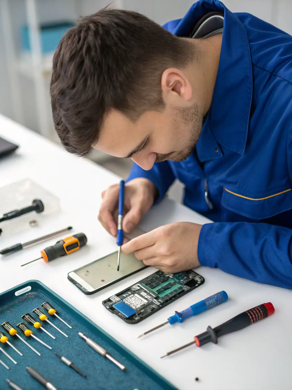 A close-up shot of a technician carefully inspecting the internal components of an iPhone during the refurbishment process, emphasizing the meticulous quality control at InformaticsPhone.com.