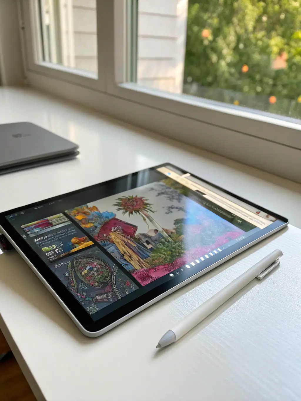 A refurbished iPad displayed on a desk, highlighting its large screen and versatility for both work and entertainment, with a stylus pen nearby.