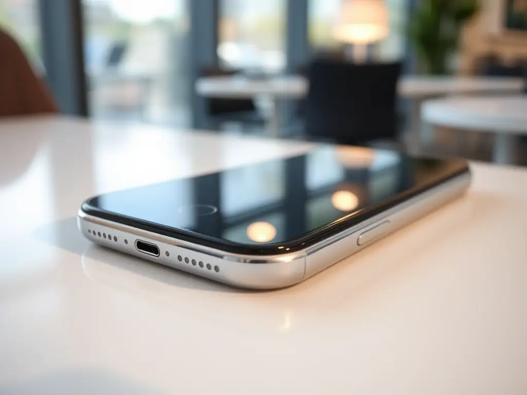 A sleek image of a refurbished iPhone with a clean screen and modern design, highlighting quality and reliability. The iPhone is displayed on a neutral background to emphasize its premium appearance.